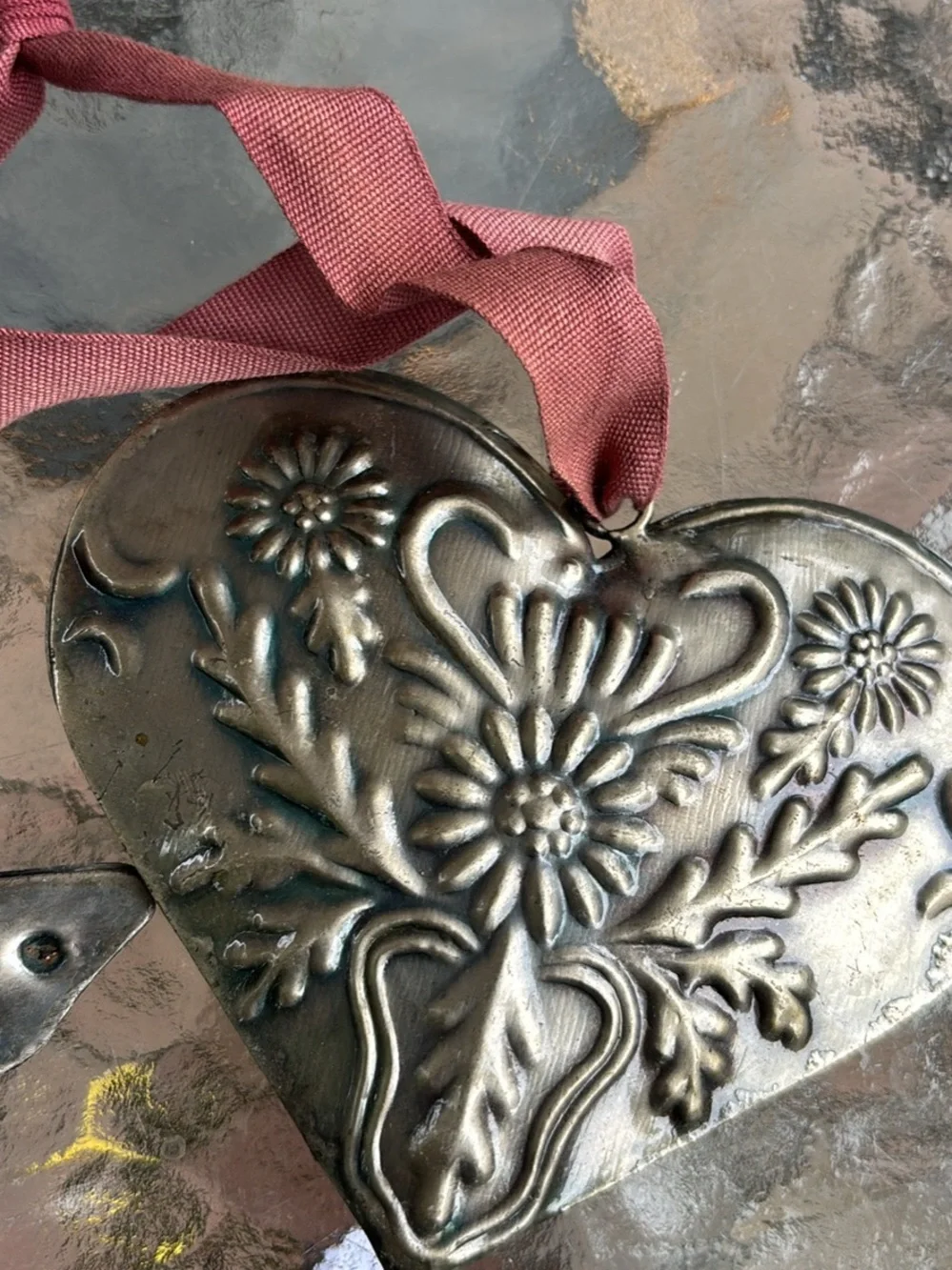 Decorative Metal Heart Ornaments with Burgundy Ribbon - Home Accents
